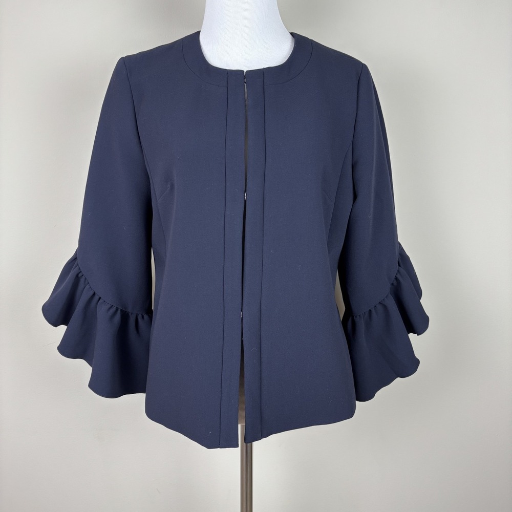 Banana Republic Blazer Jacket‎ Womens 6 Navy Blue Ruffle 3/4 Sleeve Collarless